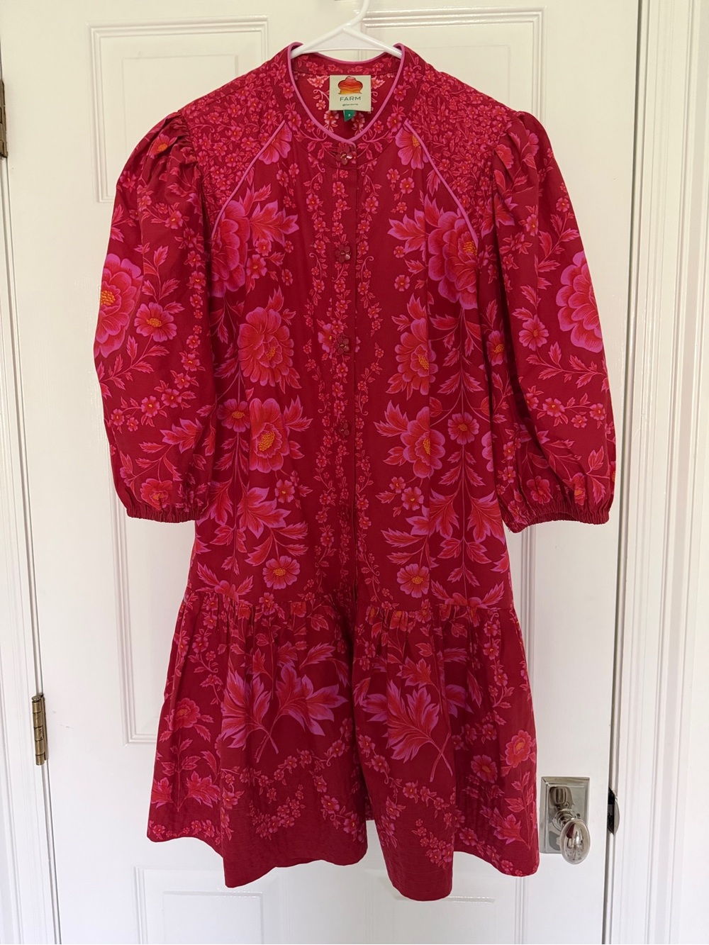 FARM Rio Fuchsia Olivia Floral Puff-Sleeve Tiered Dress